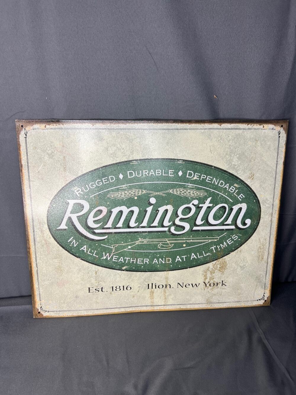 Retro Metal Sign Remington Rugged 16x12"